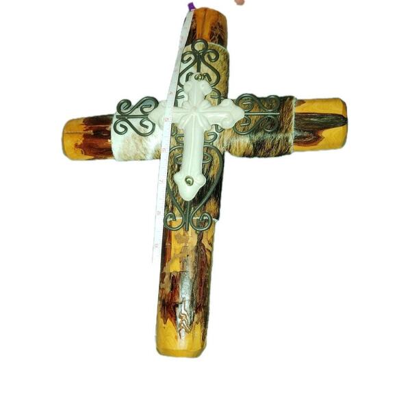 Rustic Western Wall Cross 9"x12" – Cedar Cowhide & Iron Scroll Accents – Layered - Picture 2 of 5